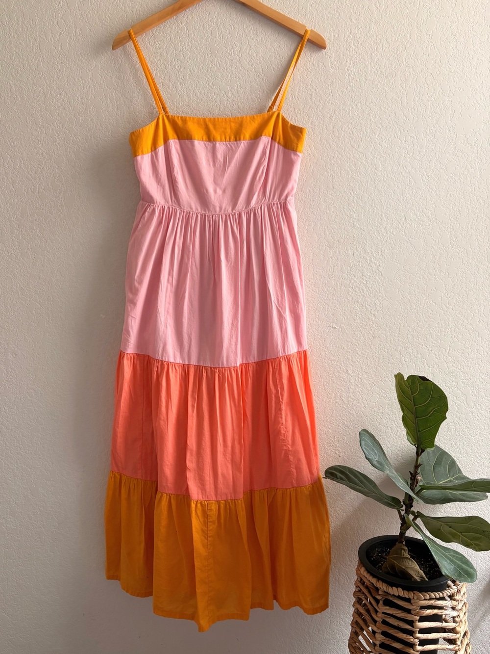 J qCREW Reimagined Tiered Color Block Pink Orange Midi Dress Pockets 2 worn once